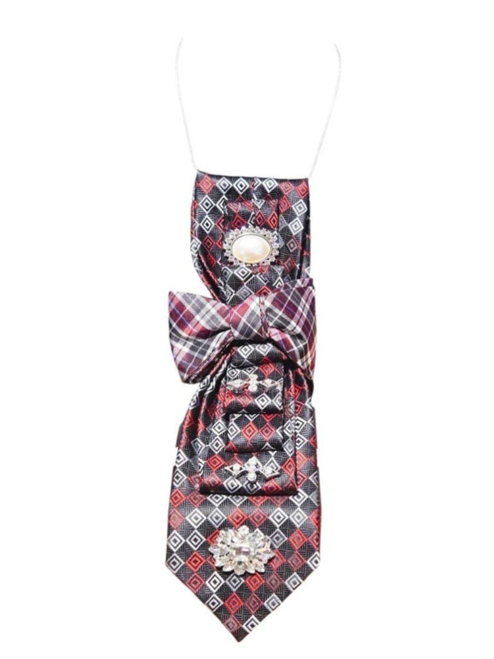 Unbranded Red Black Plaid Embellished Scarf One Size - Picture 8 of 9